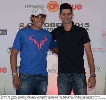 Oct. 1, 2015 - Bangko, Thailand - Rafael Nadal (L) of Spain and Novak Djokovic of Serbia pose for a picture after a press conference PK Pressekonferenz at a hotel in Bangkok, Thailand on October 1, 2015. Nadal and Djokovic will play in an exhibition match at the Indoor Stadium Huamark on October 2. Nadal v Djokovic in Thailand  - ZUMAn230