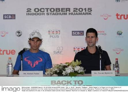 Oct. 1, 2015 - Bangko, Thailand - Rafael Nadal (L) of Spain and Novak Djokovic of Serbia listen questions from the media during a press conference PK Pressekonferenz at a hotel in Bangkok, Thailand on October 1, 2015. Nadal and Djokovic will play in an exhibition match at the Indoor Stadium Huamark on October 2. Nadal v Djokovic in Thailand  - ZUMAn230