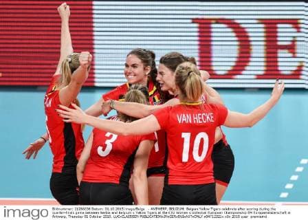- ANTWERP, BELGIUM: Belgian Yellow Tigers celebrate after scoring during the quarter-finals game between Serbia and Belgium s Yellow Tigers at the CEV Women s Volleybal European Championship EM Europameisterschaft in Antwerp, Thursday 01 October 2015. LUCxCLAESSEN  x04712321x