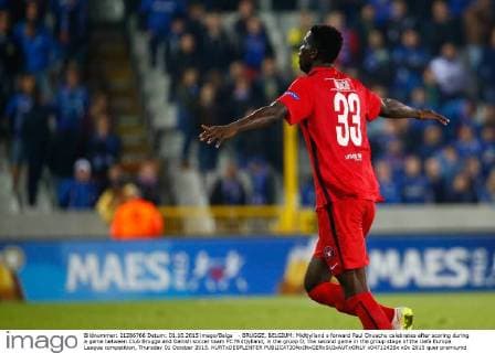 - BRUGGE, BELGIUM: Midtjylland s forward Paul Onuachu celebrates after scoring during a game between Club Brugge and Danish soccer team FC Midtjylland, in the gruop D, the second game in the group stage of the Uefa Europa League competition, Thursday 01 October 2015. KURTxDESPLENTER  x04712435x