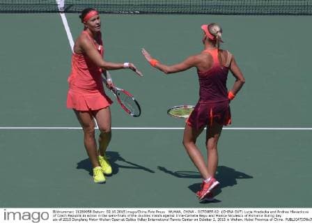 WUHAN, CHINA - OCTOBER 02: (CHINA OUT) Lucie Hradecka and Andrea Hlavackova of Czech Republic in action in the semi-finals of the doubles match against Irina-Camelia Begu and Monica Niculescu of Romania during day six of 2015 Dongfeng Motor Wuhan Open at Optics Valley International Tennis Center on October 2, 2015 in Wuhan, Hubei Province of China.  CFP473752278 