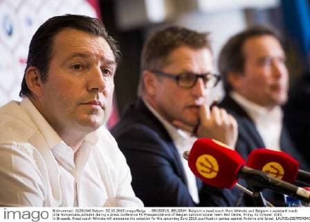 - BRUSSELS, BELGIUM: Belgium s head coach Marc Wilmots and Belgium s assistant coach Vital Borkelmans pictured during a press conference PK Pressekonferenz of Belgian national soccer team Red Devils, Friday 02 October 2015, in Brussels. Head coach Wilmots will announce the selection for the upcoming Euro 2016 qualification games against Andorra and Israel. LAURIExDIEFFEMBACQ  x04712718x