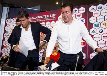 - BRUSSELS, BELGIUM: Belgium s Under 21 coach Enzo Scifo and Belgium s head coach Marc Wilmots pictured during a press conference PK Pressekonferenz of Belgian national soccer team Red Devils, Friday 02 October 2015, in Brussels. Head coach Wilmots will announce the selection for the upcoming Euro 2016 qualification games against Andorra and Israel. LAURIExDIEFFEMBACQ  x04712715x