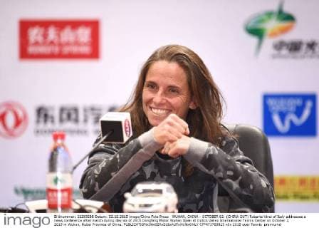 WUHAN, CHINA - OCTOBER 02: (CHINA OUT) Roberta Vinci of Italy addresses a news conference after match during day six of 2015 Dongfeng Motor Wuhan Open at Optics Valley International Tennis Center on October 2, 2015 in Wuhan, Hubei Province of China.  CFP473769815 