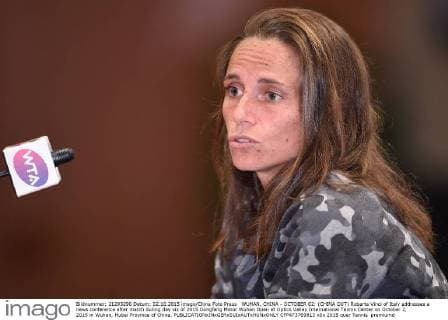 WUHAN, CHINA - OCTOBER 02: (CHINA OUT) Roberta Vinci of Italy addresses a news conference after match during day six of 2015 Dongfeng Motor Wuhan Open at Optics Valley International Tennis Center on October 2, 2015 in Wuhan, Hubei Province of China.  CFP473769813 