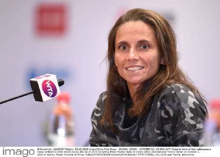 WUHAN, CHINA - OCTOBER 02: (CHINA OUT) Roberta Vinci of Italy addresses a news conference after match during day six of 2015 Dongfeng Motor Wuhan Open at Optics Valley International Tennis Center on October 2, 2015 in Wuhan, Hubei Province of China.  CFP473769811 