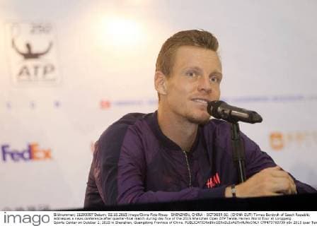 SHENZHEN, CHINA - OCTOBER 02: (CHINA OUT) Tomas Berdych of Czech Republic addresses a news conference after quarter-final match during day five of the 2015 Shenzhen Open ATP Tennis Herren World Tour at Longgang Sports Center on October 2, 2015 in Shenzhen, Guangdong Province of China.  CFP473769739 