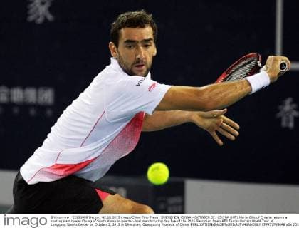 SHENZHEN, CHINA - OCTOBER 02: (CHINA OUT) Marin Cilic of Croatia returns a shot against Hyeon Chung of South Korea in quarter-final match during day five of the 2015 Shenzhen Open ATP Tennis Herren World Tour at Longgang Sports Center on October 2, 2015 in Shenzhen, Guangdong Province of China.  CFP473769646 