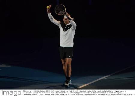 Oct. 2, 2015 - Bangkok, thailand - Tennis player Rafael Nadal of Spain waves to the fan as he walks to the court ahead of an exhibition match against Novak Djokovic of Serbia at the Indoor Stadium Huamark in Bangkok, Thailand on October 2, 2015. Djokovic wins 2-0 set, score 6-4, 6-2. Nadal v Djokovic Exhibition Match in Bangkok  - ZUMAn230