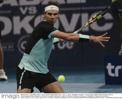 Oct. 2, 2015 - Bangkok, thailand - Tennis player Rafael Nadal of Spain returns the ball against Novak Djokovic of Serbia during the exhibition match at the Indoor Stadium Huamark in Bangkok, Thailand on October 2, 2015. Djokovic wins 2-0 set, score 6-4, 6-2. Nadal v Djokovic Exhibition Match in Bangkok  - ZUMAn230