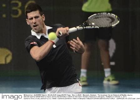 Oct. 2, 2015 - Bangkok, thailand - Tennis player Novak Djokovic of Serbia returns the ball against Rafael Nadal of Spain during the exhibition match at the Indoor Stadium Huamark in Bangkok, Thailand on October 2, 2015. Djokovic wins 2-0 set, score 6-4, 6-2. Nadal v Djokovic Exhibition Match in Bangkok  - ZUMAn230