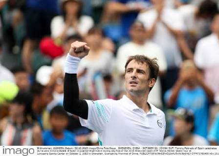 SHENZHEN, CHINA - OCTOBER 02: (CHINA OUT) Tommy Robredo of Spain celebrates as he wins Simone Bolelli of Spain in quarter-final match during day five of the 2015 Shenzhen Open ATP Tennis Herren World Tour at Longgang Sports Center on October 2, 2015 in Shenzhen, Guangdong Province of China.  CFP473760400 