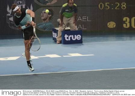 Oct. 2, 2015 - Bangkok, thailand - Tennis player Rafael Nadal of Spain serves against Novak Djokovic of Serbia during the exhibition match at the Indoor Stadium Huamark in Bangkok, Thailand on October 2, 2015. Djokovic wins 2-0 set, score 6-4, 6-2. Nadal v Djokovic Exhibition Match in Bangkok  - ZUMAn230