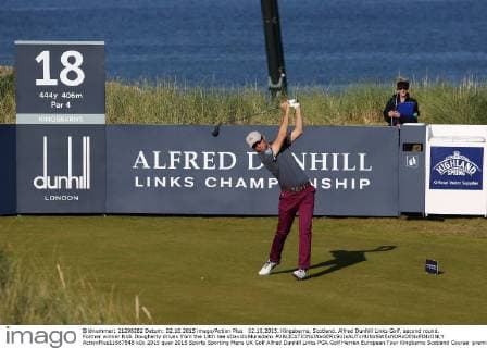 02.10.2015. Kingsbarns, Scotland. Alfred Dunhill Links Golf, second round. Former winner Nick Dougherty drives from the 18th tee xDavidxBlunsdenx  ActionPlus11667548