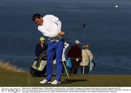 02.10.2015. Kingsbarns, Scotland. Alfred Dunhill Links Golf, second round. AP McCoy hits his second shot from the 5th fairway xDavidxBlunsdenx  ActionPlus11667561