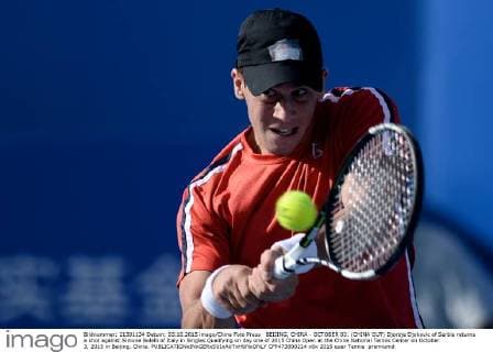 BEIJING, CHINA - OCTOBER 03: (CHINA OUT) Djordje Djokovic of Serbia returns a shot against Simone Bolelli of Italy in Singles Qualifying on day one of 2015 China Open at the China National Tennis Center on October 3, 2015 in Beijing, China.  CFP473800214 