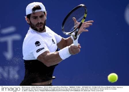 BEIJING, CHINA - OCTOBER 03: (CHINA OUT) Simone Bolelli of Italy returns a shot against Djordje Djokovic of Serbia in Singles Qualifying on day one of 2015 China Open at the China National Tennis Center on October 3, 2015 in Beijing, China.  CFP473800216 