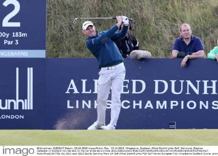 03.10.2015. Kingsbarns, Scotland. Alfred Dunhill Links Golf, 3rd round. Stephen Gallagher of Scotland hits tee shot on the par three second hole xDavidxBlunsdenx  ActionPlus11667781