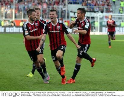 03.10.2015 - Fussball - Saison 2015 2016 - 1. Fussball - Bundesliga - 08. Spieltag: FC Ingolstadt FCI - SG Eintracht Frankfurt SGE - DaMa - Jubel nach Tor zum 1:0 - Mathew Leckie (7, FC Ingolstadt FCI ) Max Christiansen (19, FC Ingolstadt FCI ) Pascal Groß Gross (10, FC Ingolstadt FCI ) Stefan Lex (14, FC Ingolstadt FCI ) - Freude Torjubel - Torschütze: Pascal Groß Gross (10, FC Ingolstadt FCI )