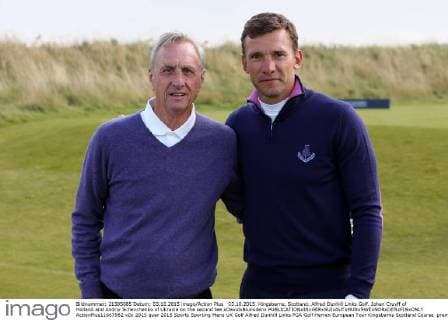 03.10.2015. Kingsbarns, Scotland. Alfred Dunhill Links Golf. Johan Cruyff of Holland and Andriy Schevchenko of Ukraine on the second tee xDavidxBlunsdenx  ActionPlus11667982