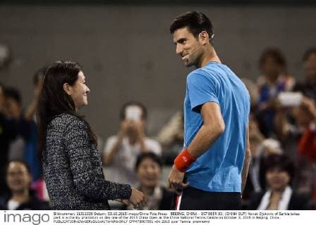 BEIJING, CHINA - OCTOBER 03: (CHINA OUT) Novak Djokovic of Serbia takes part in a charity promotion on day one of the 2015 China Open at the China National Tennis Centre on October 3, 2015 in Beijing, China.  CFP473807851 