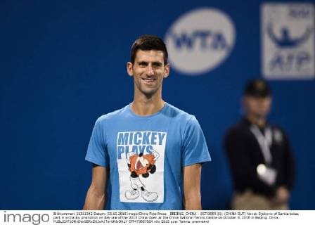 BEIJING, CHINA - OCTOBER 03: (CHINA OUT) Novak Djokovic of Serbia takes part in a charity promotion on day one of the 2015 China Open at the China National Tennis Centre on October 3, 2015 in Beijing, China.  CFP473807854 