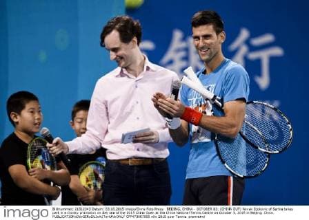BEIJING, CHINA - OCTOBER 03: (CHINA OUT) Novak Djokovic of Serbia takes part in a charity promotion on day one of the 2015 China Open at the China National Tennis Centre on October 3, 2015 in Beijing, China.  CFP473807855 