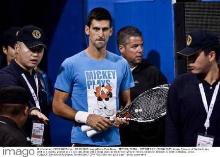 BEIJING, CHINA - OCTOBER 03: (CHINA OUT) Novak Djokovic of Serbia takes part in a charity promotion on day one of the 2015 China Open at the China National Tennis Centre on October 3, 2015 in Beijing, China.  CFP473807860 