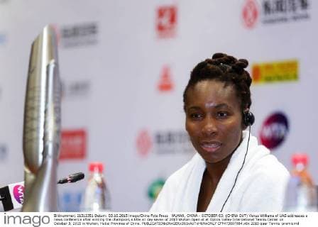 WUHAN, CHINA - OCTOBER 03: (CHINA OUT) Venus Williams of UAS addresses a news conference after winning the champion s title on day seven of 2015 Wuhan Open at at Optics Valley International Tennis Center on October 3, 2015 in Wuhan, Hubei Province of China.  CFP473807884 