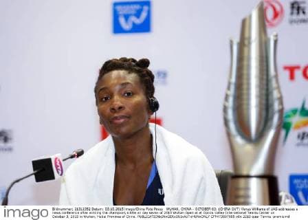 WUHAN, CHINA - OCTOBER 03: (CHINA OUT) Venus Williams of UAS addresses a news conference after winning the champion s title on day seven of 2015 Wuhan Open at at Optics Valley International Tennis Center on October 3, 2015 in Wuhan, Hubei Province of China.  CFP473807885 