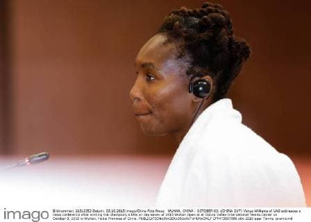 WUHAN, CHINA - OCTOBER 03: (CHINA OUT) Venus Williams of UAS addresses a news conference after winning the champion s title on day seven of 2015 Wuhan Open at at Optics Valley International Tennis Center on October 3, 2015 in Wuhan, Hubei Province of China.  CFP473807886 