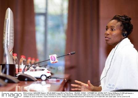 WUHAN, CHINA - OCTOBER 03: (CHINA OUT) Venus Williams of UAS addresses a news conference after winning the champion s title on day seven of 2015 Wuhan Open at at Optics Valley International Tennis Center on October 3, 2015 in Wuhan, Hubei Province of China.  CFP473807887 