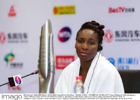 WUHAN, CHINA - OCTOBER 03: (CHINA OUT) Venus Williams of UAS addresses a news conference after winning the champion s title on day seven of 2015 Wuhan Open at at Optics Valley International Tennis Center on October 3, 2015 in Wuhan, Hubei Province of China.  CFP473807888 