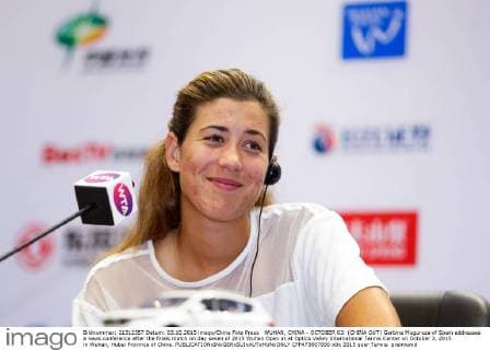 WUHAN, CHINA - OCTOBER 03: (CHINA OUT) Garbine Muguruza of Spain addresses a news conference after the finals match on day seven of 2015 Wuhan Open at at Optics Valley International Tennis Center on October 3, 2015 in Wuhan, Hubei Province of China.  CFP473807890 