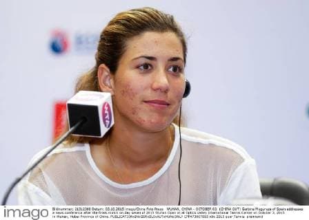 WUHAN, CHINA - OCTOBER 03: (CHINA OUT) Garbine Muguruza of Spain addresses a news conference after the finals match on day seven of 2015 Wuhan Open at at Optics Valley International Tennis Center on October 3, 2015 in Wuhan, Hubei Province of China.  CFP473807893 