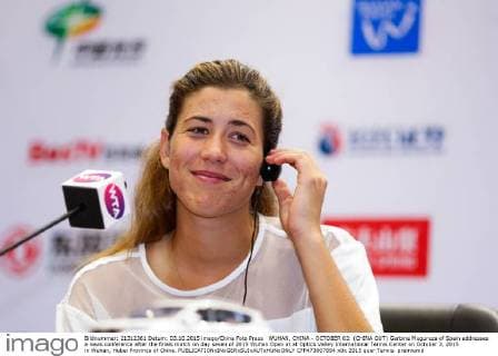 WUHAN, CHINA - OCTOBER 03: (CHINA OUT) Garbine Muguruza of Spain addresses a news conference after the finals match on day seven of 2015 Wuhan Open at at Optics Valley International Tennis Center on October 3, 2015 in Wuhan, Hubei Province of China.  CFP473807894 