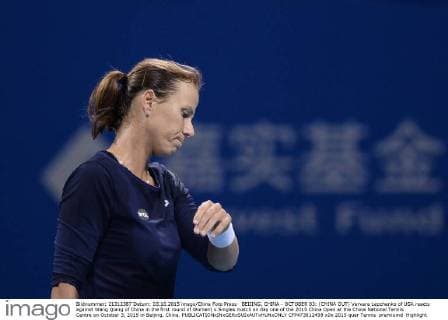 BEIJING, CHINA - OCTOBER 03: (CHINA OUT) Varvara Lepchenko of USA reacts against Wang Qiang of China in the first round of Women s Singles match on day one of the 2015 China Open at the China National Tennis Centre on October 3, 2015 in Beijing, China.  CFP473812498 