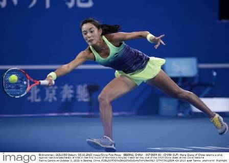 BEIJING, CHINA - OCTOBER 03: (CHINA OUT) Wang Qiang of China returns a shot against Varvara Lepchenko of USA in the first round of Women s Singles match on day one of the 2015 China Open at the China National Tennis Centre on October 3, 2015 in Beijing, China.  CFP473812504 