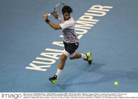 03 October 2015: Feliciano Lopez of Spain in action during his 7-6, 7-6 win over Nick Kyrgios of Australia in the semifinal match of ATP Tennis Herren World Tour 250 Malaysian Open, Kuala Lumpur 2015 held at Putra Stadium in Bukit Jalil, Kuala Lumpur, Malaysia. (Photo by Hazrin Yeob Men Shah Icon Sportswire) TENNIS: OCT 03 Malaysia Open Icon3781510035357 EDITORIAL USE ONLY