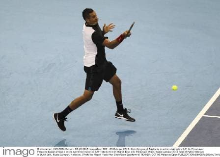 03 October 2015: Nick Kyrgios of Australia in action during his 6-7, 6 -7 lost over Feliciano Lopez of Spain in the semifinal match of ATP Tennis Herren World Tour 250 Malaysian Open, Kuala Lumpur 2015 held at Putra Stadium in Bukit Jalil, Kuala Lumpur, Malaysia. (Photo by Hazrin Yeob Men Shah Icon Sportswire) TENNIS: OCT 03 Malaysia Open Icon3781510035574 EDITORIAL USE ONLY
