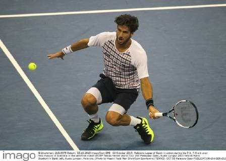 03 October 2015: Feliciano Lopez of Spain in action during his 7-6, 7-6 win over Nick Kyrgios of Australia in the semifinal match of ATP Tennis Herren World Tour 250 Malaysian Open, Kuala Lumpur 2015 held at Putra Stadium in Bukit Jalil, Kuala Lumpur, Malaysia. (Photo by Hazrin Yeob Men Shah Icon Sportswire) TENNIS: OCT 03 Malaysia Open Icon3781510035627 EDITORIAL USE ONLY