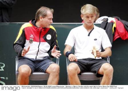 Germany s Marvin Moeller with his coach during Junior Davis Cup 2015 Final match. October 4, 2015.  (2015100410)