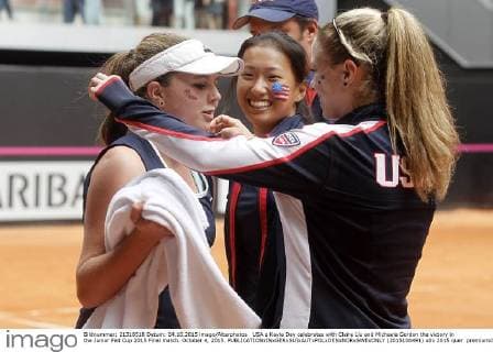 USA s Kayla Day celebrates with Claire Liu and Michaela Gordon the victory in the Junior Fed Cup 2015 Final match. October 4, 2015.  (2015100491)