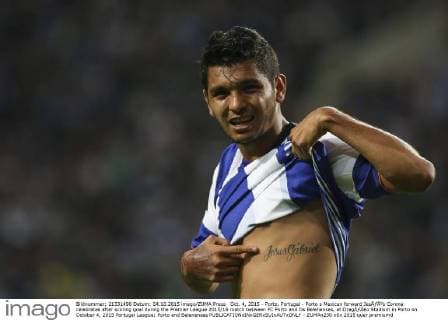 Oct. 4, 2015 - Porto, Portugal - Porto s Mexican forward JesÃƒÂºs Corona celebrates after scoring goal during the Premier League 2015 16 match between FC Porto and Os Belenenses, at DragÃƒÂ£o Stadium in Porto on October 4, 2015 Portugal League: Porto and Belenenses  - ZUMAn230