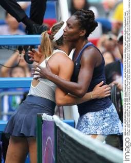 Venus Williams of the United States, right, greets Garbine Muguruza of Spain after winnig the final match during the 2015 WTA Tennis Damen Wuhan Open tennis tournament in Wuhan city, central China s Hubei province, 3 October 2015. Venus Williams won her biggest title in five years at the Wuhan Open on Saturday (3 October 2015) after Garbine Muguruza quitted, making her the fifth player to pull out mid-match in the late-season tournament. Williams took the first set and was three games up in the second when the Spaniard stopped play at 53 minutes, handing the American veteran the 47th title win of her career, and her first victory at a WTA Premier Five event since she beat Victoria Azarenka in 2010 in Dubai. Wimbledon finalist Muguruza, ranked world number eight, 16 places ahead of American veteran Williams, had a tough semi-final against Germany s Angelique Kerber, winning in straight sets but falling during the closing tie break and injuring her ankle. But the 21-year-old said it was exhaustion not injury that made her pull out. Venus wins 47th career title as Muguruza quits Wuhan Open final 20151003_49213