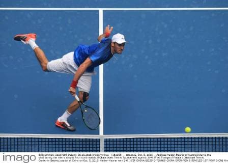 (151005) -- BEIJING, Oct. 5, 2015 -- Andreas Haider-Maurer of Austria returns the shot during the men s singles first round match of China Open Tennis Tournament against Jo-Wilfried Tsonga of France at National Tennis Center in Beijing, capital of China on Oct. 5, 2015. Haider-Maurer won 2-0. ) (SP)CHINA-BEIJING-TENNIS-CHINA OPEN-MEN S SINGLES-1ST ROUND(CN) XingxGuangli 