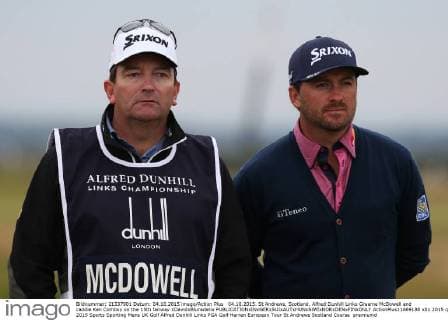 04.10.2015. St Andrews, Scotland. Alfred Dunhill Links Graeme McDowell and caddie Ken Comboy on the 15th fairway xDavidxBlunsdenx  ActionPlus11669188