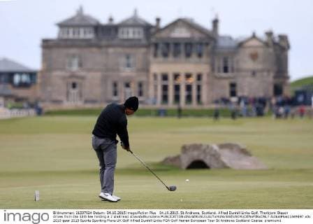 04.10.2015. St Andrews, Scotland. Alfred Dunhill Links Golf. Thorbjorn Olesen drives from the 18th tee holding a 2 shot lead xDavidxBlunsdenx  ActionPlus11669197