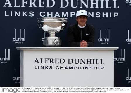 04.10.2015. St Andrews, Scotland. Alfred Dunhill Links Golf. Thorbjorn Olesen with the Dunhull Links Trophy xDavidxBlunsdenx  ActionPlus11669206