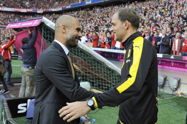 v.li:Pep (Josep) GUARDIOLA (Trainer FCB),Thomas TUCHEL (Trainer Borussia Dortmund),Begruessung,Shake hands. Fussball 1. Bundesliga, 8. Spieltag,FC Bayern Muenchen (M)-Borussia Dortmund (DO) 5-1, am 04.10.2015 in Muenchen Deutschland.A L L I A N Z A R E NA ,